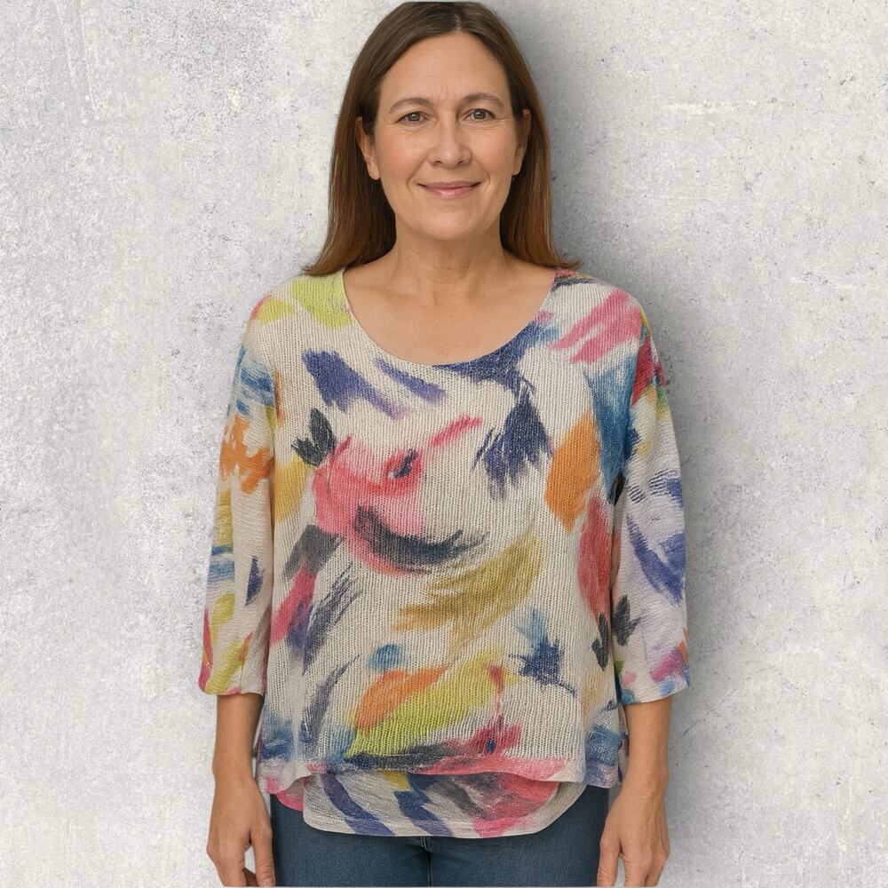 Jess & Jane Petite XL Tunic Top Boucle Mesh Abstract Print Lagenlook USA